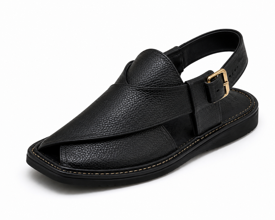 Noir Peshawari Chappal — Black Handcrafted Leather Cross-Strap