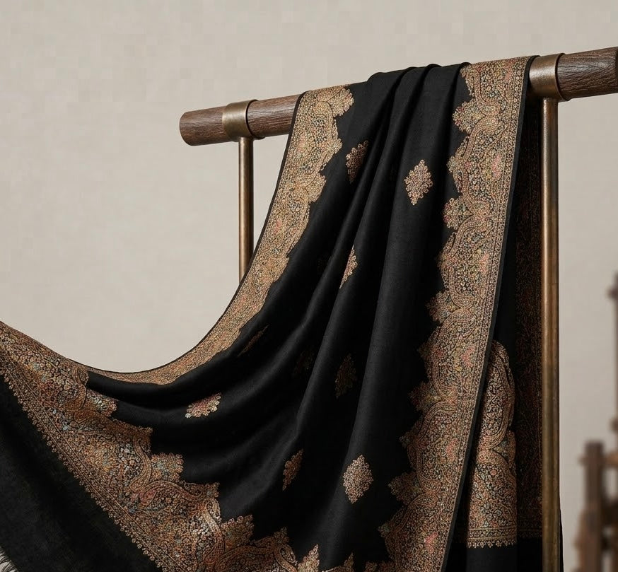 Luxury Midnight Black Kashmiri Embroidered Shawl