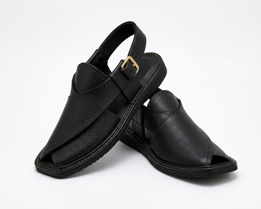 Noir Peshawari Chappal — Black Handcrafted Leather Cross-Strap