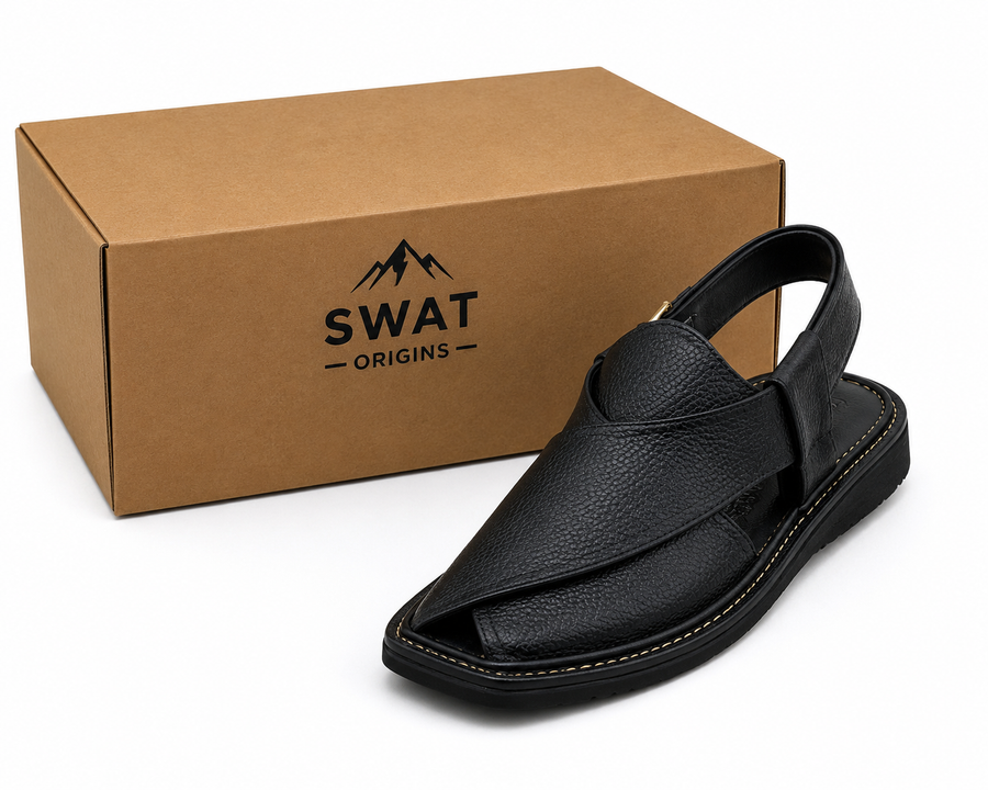 Noir Peshawari Chappal — Black Handcrafted Leather Cross-Strap