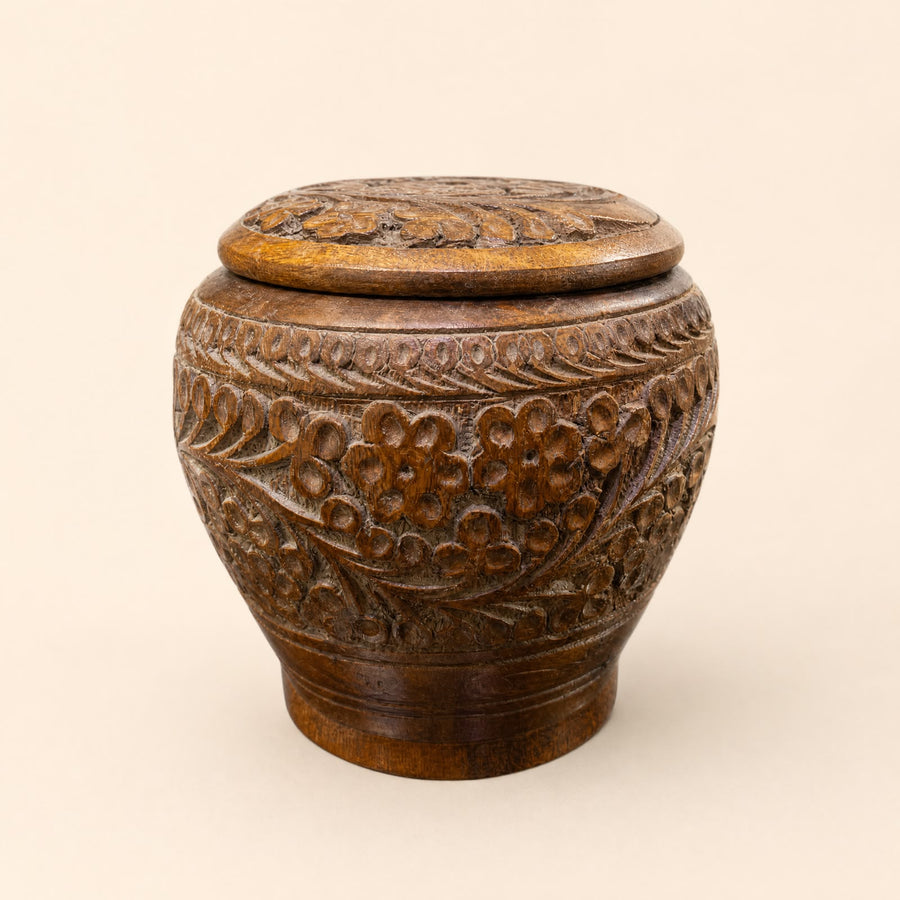 Hand-Carved Wooden Decorative Container - View 1