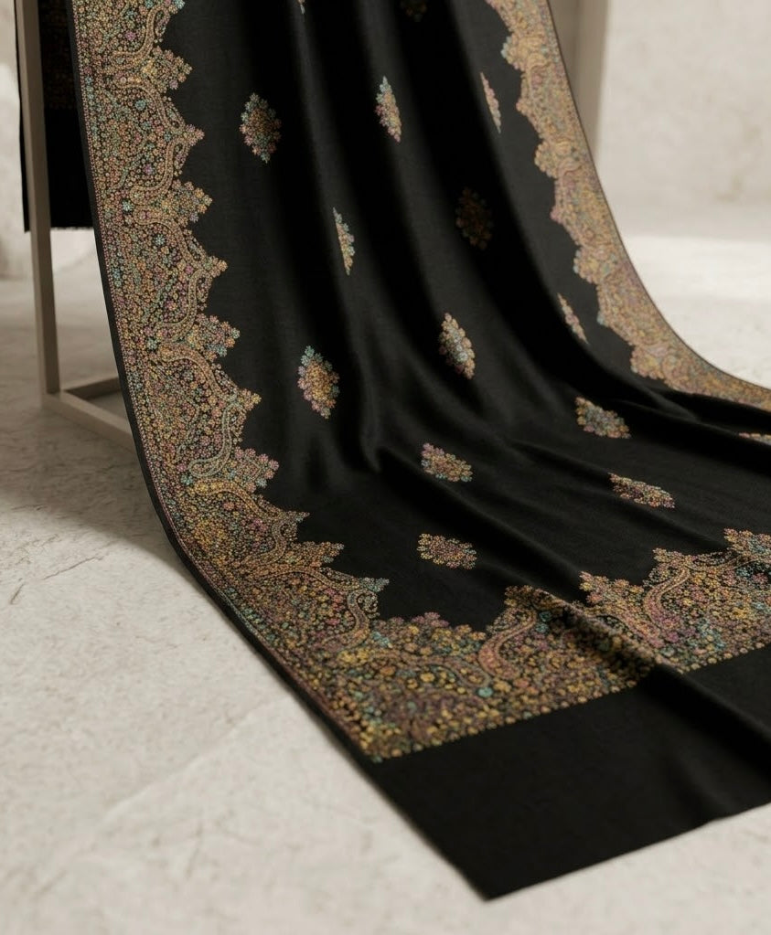 Luxury Midnight Black Kashmiri Embroidered Shawl