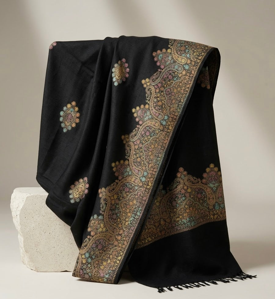Luxury Midnight Black Kashmiri Embroidered Shawl