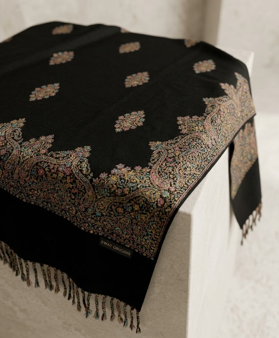 Luxury Midnight Black Kashmiri Embroidered Shawl