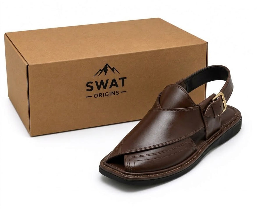 Swat Origins dark brown Peshawari chappal with branded box